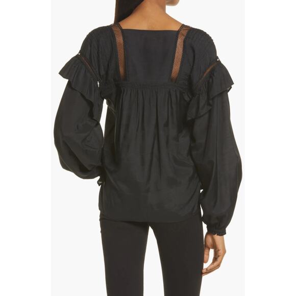 ALLSAINTS Juliette Pintuck Ruffle Top Womens 00 Black Square Neck Balloon Sleeve - Picture 2 of 13